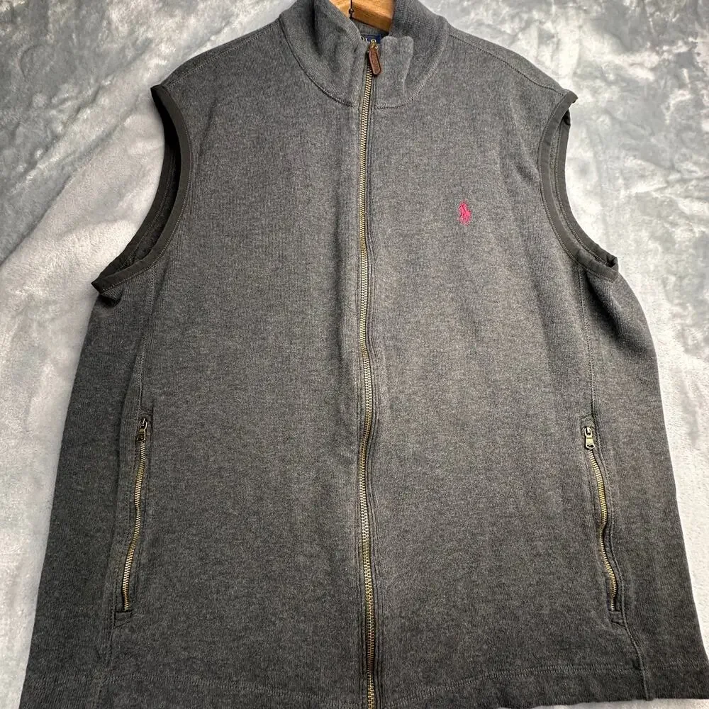 Polo Ralph Lauren Men’s Gray Full Zip Heavy‎ Cotton Vest Zip Pockets Size XL